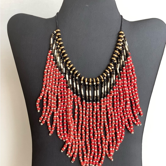 Red and gold fringed western tribal boho festival waterfall handmade necklace - Picture 1 of 4